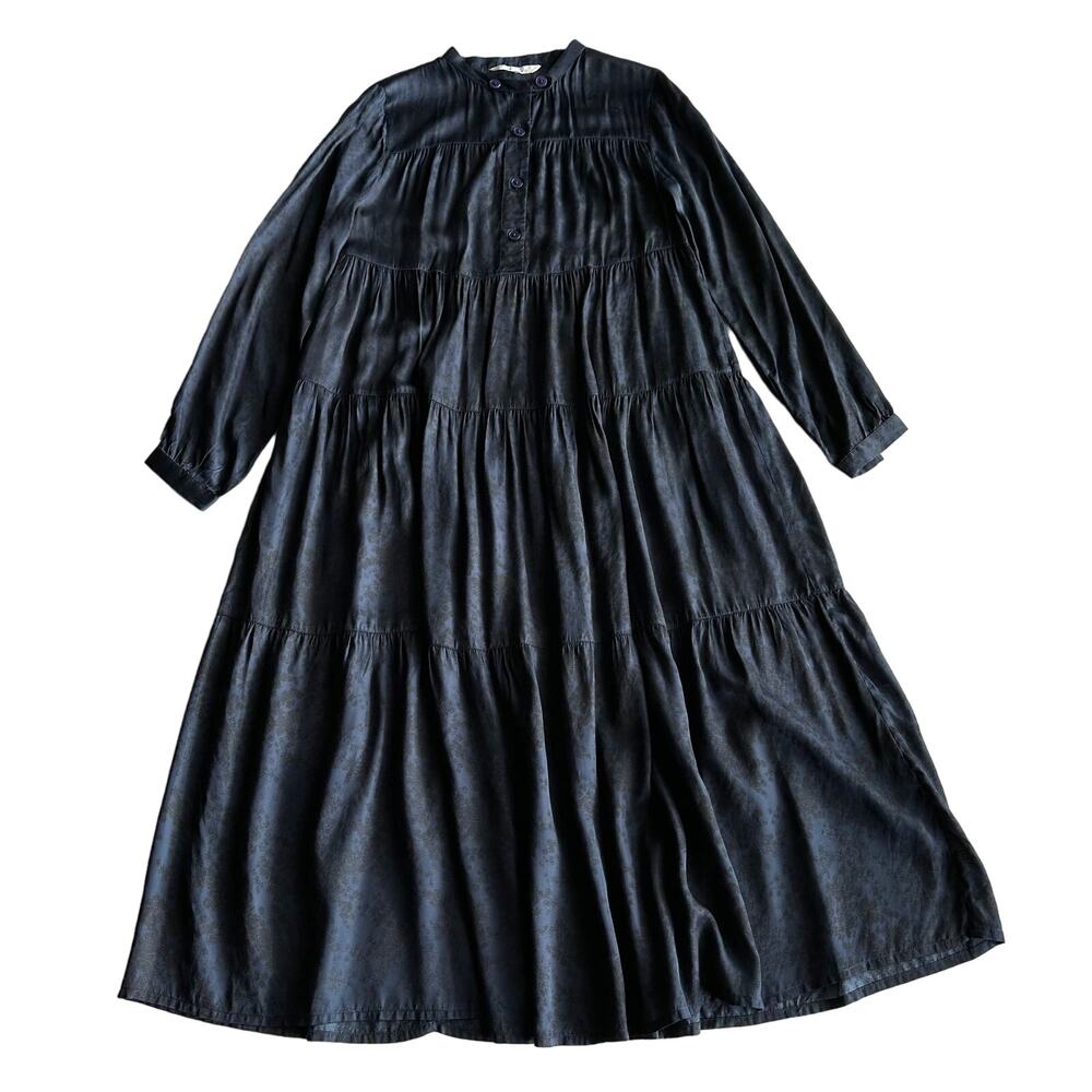 Gai + Lisva‎ Solveig Tiered Silky Henley Button Navy Black Maxi Dress 36 fits 6